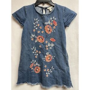 Garnet‎ Hill Dress Girls Sz 8 Denim Embroidered Floral Short Sleeve Raw Hem Boho